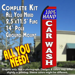 100% Hand Car Wash (Blue/Red) Windless Advertising Feather Flag Kit (Flag, Pole, & Ground Spike) 14 Feet Outdoor Flags