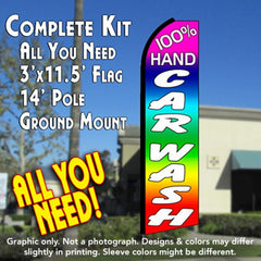 100% Hand Car Wash (Multi-Colored) Windless Advertising Feather Flag Kit (Flag, Pole, & Ground Spike) 14 Feet Outdoor Flags