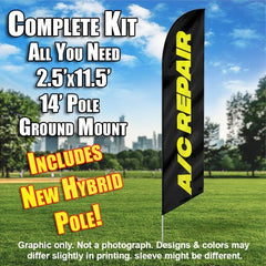 A/C Repair (Black/Yellow) Windless Advertising Feather Flag Kit (Flag, Pole, & Ground Spike) 14 Feet Outdoor Flags