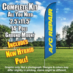 A/C Repair (Blue/Yellow) Windless Advertising Feather Flag Kit (Flag, Pole, & Ground Spike) 14 Feet Outdoor Flags