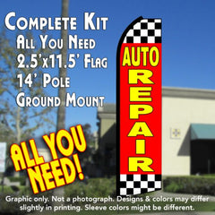 Auto Repair (Checkered) Windless Advertising Feather Flag Kit (Flag, Pole, & Ground Spike) 14 Feet Outdoor Flags