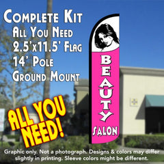 Beauty Salon (White/Pink) Windless Advertising Feather Flag Kit (Flag, Pole, & Ground Spike) 14 Feet Outdoor Flags