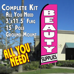 Beauty Supplies (Pink/White) Windless Advertising Feather Flag Kit (Flag, Pole, & Ground Spike) 14 Feet Outdoor Flags