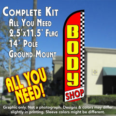 Body Shop (Red/Checkered) Windless Advertising Feather Flag Kit (Flag, Pole, & Ground Spike) 14 Feet Outdoor Flags