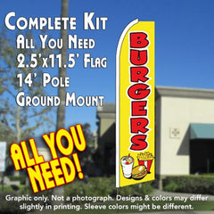 Burgers (Yellow) Windless Advertising Feather Flag Kit (Flag, Pole, & Ground Spike) 14 Feet Outdoor Flags