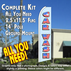 Car Wash (Old Glory) Windless Advertising Feather Flag Kit (Flag, Pole, & Ground Spike) 14 Feet Outdoor Flags