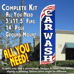 Car Wash (Patriotic) Windless Advertising Feather Flag Kit (Flag, Pole, & Ground Spike) 14 Feet Outdoor Flags