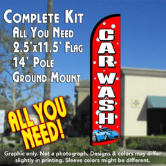 Car Wash (Red/Bubbles) Windless Advertising Feather Flag Kit (Flag, Pole, & Ground Spike) 14 Feet Outdoor Flags