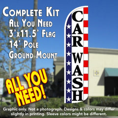 Car Wash (Stars & Stripes) Windless Advertising Feather Flag Kit (Flag, Pole, & Ground Spike) 14 Feet Outdoor Flags