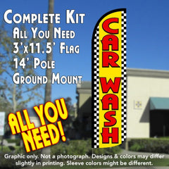Car Wash (Yellow/Checkered) Windless Advertising Feather Flag Kit (Flag, Pole, & Ground Spike) 14 Feet Outdoor Flags