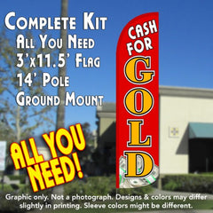 Cash For Gold (Red/Gold/$) Windless Advertising Feather Flag Kit (Flag, Pole, & Ground Spike) 14 Feet Outdoor Flags