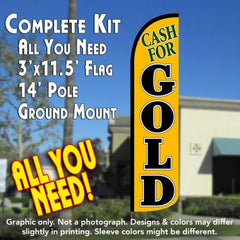 Cash For Gold (Yellow/Black) Windless Advertising Feather Flag Kit (Flag, Pole, & Ground Spike) 14 Feet Outdoor Flags
