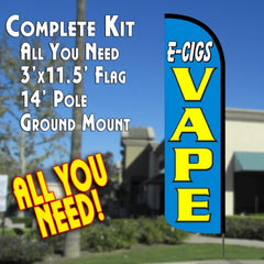 E-Cigs Vape (Blue/Yellow) Windless Advertising Feather Flag Kit (Flag, Pole, & Ground Spike) 14 Feet Outdoor Flags