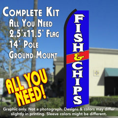 Fish & Chips (Blue/White) Windless Advertising Feather Flag Kit (Flag, Pole, & Ground Spike) 14 Feet Outdoor Flags