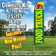 Food Truck (Green And Yellow) Windless Advertising Feather Flag Kit (Flag, Pole, & Ground Spike) 14 Feet Outdoor Flags