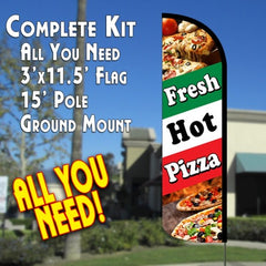 Fresh Hot Pizza (Tri-Color) Windless Advertising Feather Flag Kit (Flag, Pole, & Ground Spike) 14 Feet Outdoor Flags