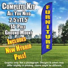 Furniture (Blue/Yellow Letters) Windless Advertising Feather Flag Kit (Flag, Pole, & Ground Spike) 14 Feet Outdoor Flags