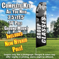 Group Classes Women Fitness (Gray/White) Windless Advertising Feather Flag Kit (Flag, Pole, & Ground Spike) 14 Feet Outdoor Flags