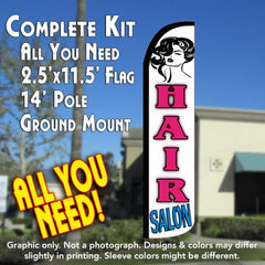 Hair Salon (White/Pink) Windless Advertising Feather Flag Kit (Flag, Pole, & Ground Spike) 14 Feet Outdoor Flags