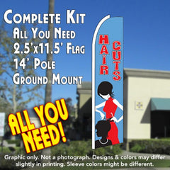 Haircuts (Blue) Windless Advertising Feather Flag Kit (Flag, Pole, & Ground Spike) 14 Feet Outdoor Flags