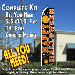 Happy Halloween (Black) Windless Advertising Feather Flag Kit (Flag, Pole, & Ground Spike) 14 Feet Outdoor Flags
