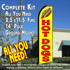 Hot Dogs (Yellow/Red) Windless Advertising Feather Flag Kit (Flag, Pole, & Ground Spike) 14 Feet Outdoor Flags