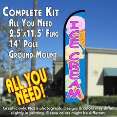 Ice Cream (Blue/Pink) Windless Advertising Feather Flag Kit (Flag, Pole, & Ground Spike) 14 Feet Outdoor Flags