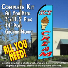 Ice Cream (Blue/Red) Windless Advertising Feather Flag Kit (Flag, Pole, & Ground Spike) 14 Feet Outdoor Flags