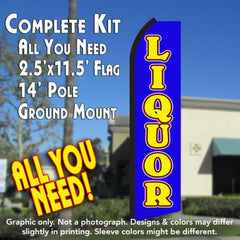 Liquor (Blue/Yellow) Windless Advertising Feather Flag Kit (Flag, Pole, & Ground Spike) 14 Feet Outdoor Flags