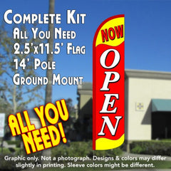 Now Open (Yellow/Red) Windless Advertising Feather Flag Kit (Flag, Pole, & Ground Spike) 14 Feet Outdoor Flags