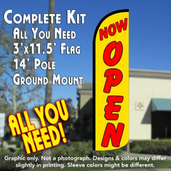 Now Open (Yellow/Red) Windless Advertising Feather Flag Kit (Flag, Pole, & Ground Spike) 14 Feet Outdoor Flags
