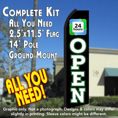 Open 24 Hours (Black/White) Windless Advertising Feather Flag Kit (Flag, Pole, & Ground Spike) 14 Feet Outdoor Flags