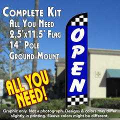 Open (Blue/Checks) Windless Advertising Feather Flag Kit (Flag, Pole, & Ground Spike) 14 Feet Outdoor Flags
