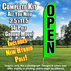 Open (Green/Black Letters) Windless Advertising Feather Flag Kit (Flag, Pole, & Ground Spike) 14 Feet Outdoor Flags