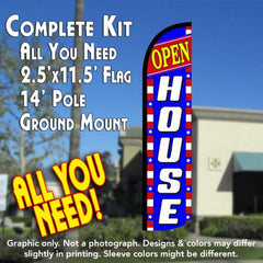 Open House (Blue/White/Stars) Windless Advertising Feather Flag Kit (Flag, Pole, & Ground Spike) 14 Feet Outdoor Flags