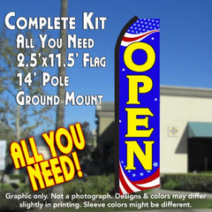 Open (Patriotic) Windless Advertising Feather Flag Kit (Flag, Pole, & Ground Spike) 14 Feet Outdoor Flags