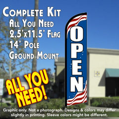 Open (Patriotic) Windless Advertising Feather Flag Kit (Flag, Pole, & Ground Spike) 14 Feet Outdoor Flags