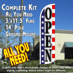 Open (Stars & Stripes) Windless Advertising Feather Flag Kit (Flag, Pole, & Ground Spike) 14 Feet Outdoor Flags
