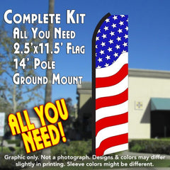 Patriotic (Waves) Windless Advertising Feather Flag Kit (Flag, Pole, & Ground Spike) 14 Feet Outdoor Flags