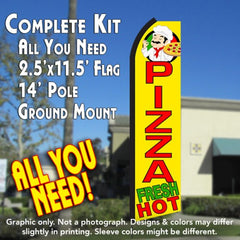 Pizza Fresh Hot (Yellow/Red) Windless Advertising Feather Flag Kit (Flag, Pole, & Ground Spike) 14 Feet Outdoor Flags