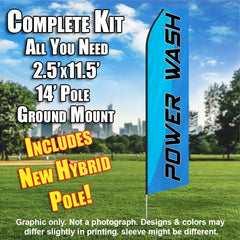Power Wash (Light Blue/Black Letters) Windless Advertising Feather Flag Kit (Flag, Pole, & Ground Spike) 14 Feet Outdoor Flags