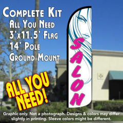 Beauty Salon (White/Pink) Windless Advertising Feather Flag Kit (Flag, Pole, & Ground Spike) 14 Feet Outdoor Flags