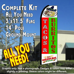 Tacos & Burritos (Green/Red) Windless Advertising Feather Flag Kit (Flag, Pole, & Ground Spike) 14 Feet Outdoor Flags