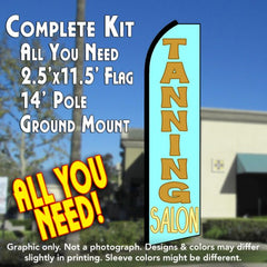 Tanning Salon (Cyan/Gold) Windless Advertising Feather Flag Kit (Flag, Pole, & Ground Spike) 14 Feet Outdoor Flags