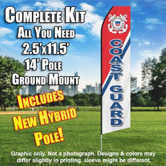 U.S. Coast Guard (Red, Blue And White) Windless Advertising Feather Flag Kit (Flag, Pole, & Ground Spike) 14 Feet Outdoor Flags