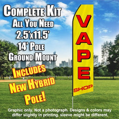 Vape Shop (Yellow/Red) Windless Advertising Feather Flag Kit (Flag, Pole, & Ground Spike) 14 Feet Outdoor Flags
