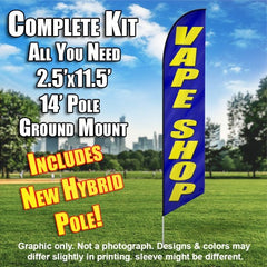 Vape Shop Blue/Yellow Letters Windless Advertising Feather Flag Kit (Flag, Pole, & Ground Spike) 14 Feet Outdoor Flags