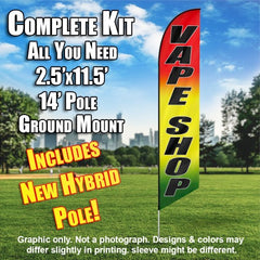 Vape Shop (Yellow/Green/Red) Windless Advertising Feather Flag Kit (Flag, Pole, & Ground Spike) 14 Feet Outdoor Flags