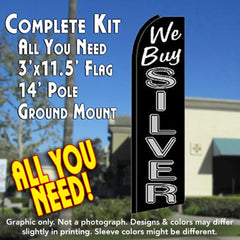 We Buy Silver (Black) Windless Advertising Feather Flag Kit (Flag, Pole, & Ground Spike) 14 Feet Outdoor Flags