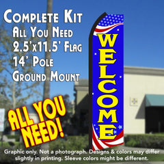 Welcome (Patriotic) Windless Advertising Feather Flag Kit (Flag, Pole, & Ground Spike) 14 Feet Outdoor Flags